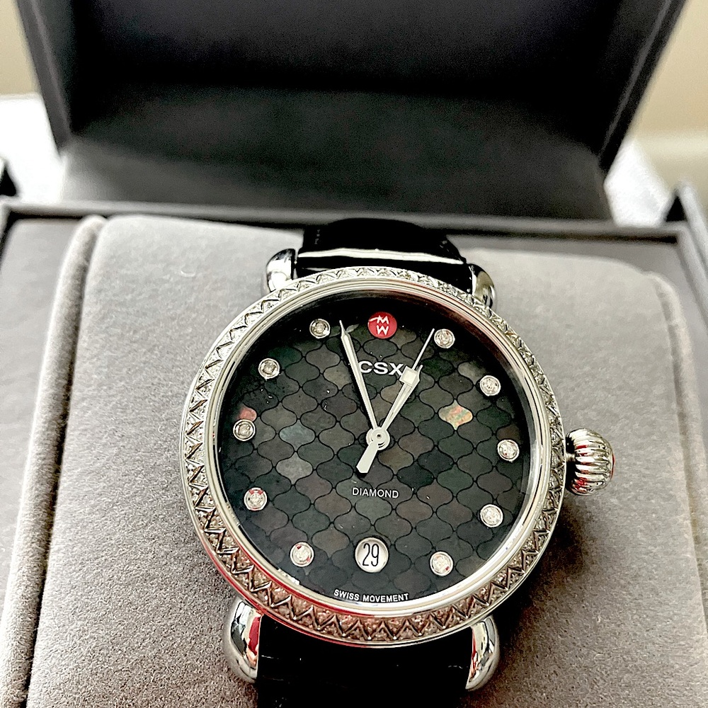 Michele CSX Diamond and black irredesent face watch w/day of the month c…